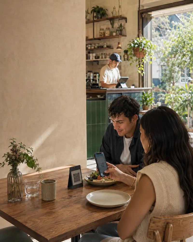 Escena ilustrativa de dos clientes consultando un menú junto al QR de una mesa