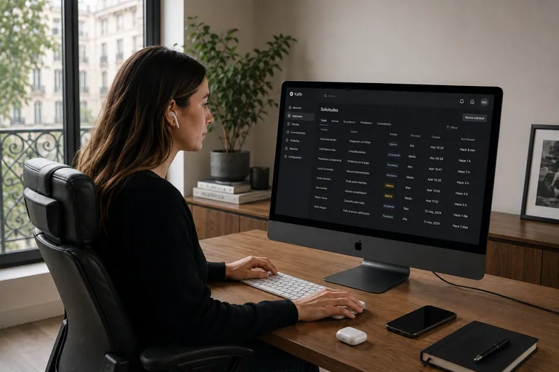Persona atiende solicitudes desde una computadora en un espacio de trabajo